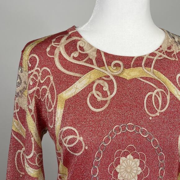 J. McLaughlin Red Gold Metallic Top Size Medium Button Back Artsy Contemporary - Picture 4 of 11